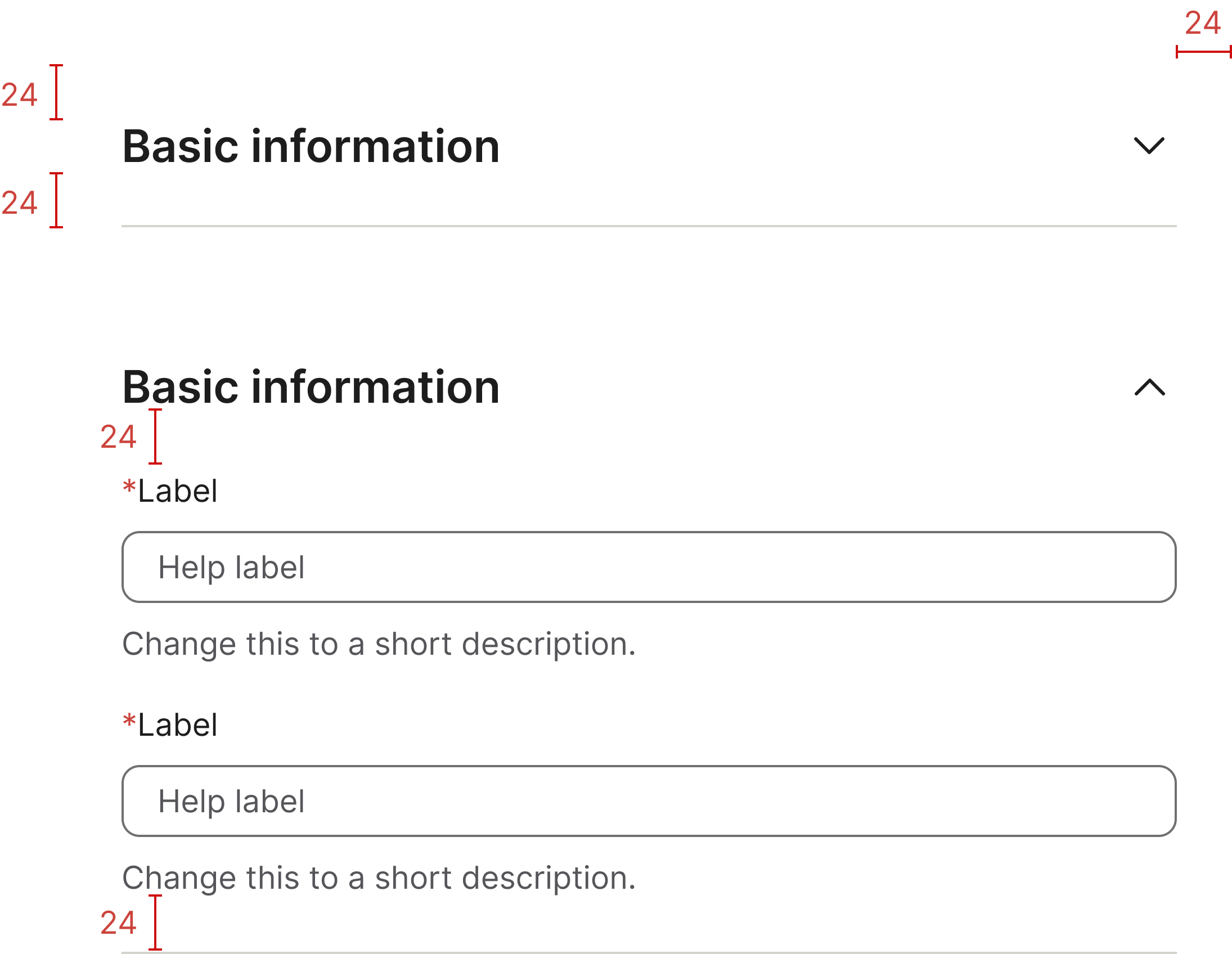Accordion specification showing 24 px padding on every edge of the header and 24 px spacing around the content
