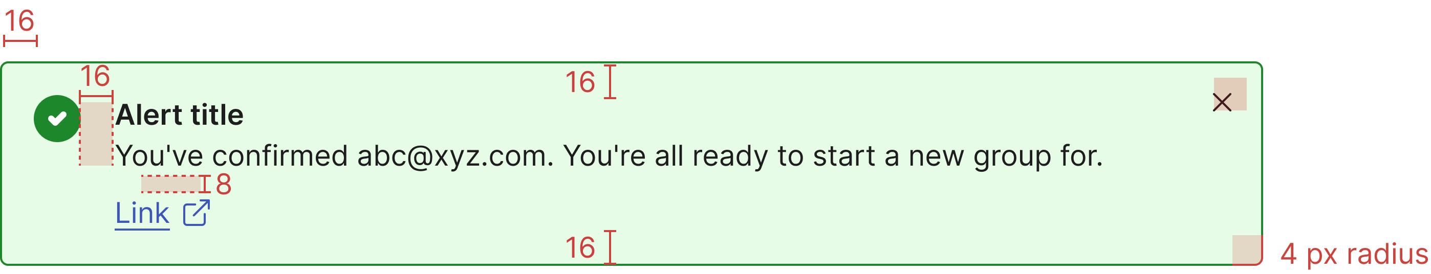 Alert specs: 4px corner radius, 16px padding, 16px gap between the icon and content, 8px gap between the body and link
