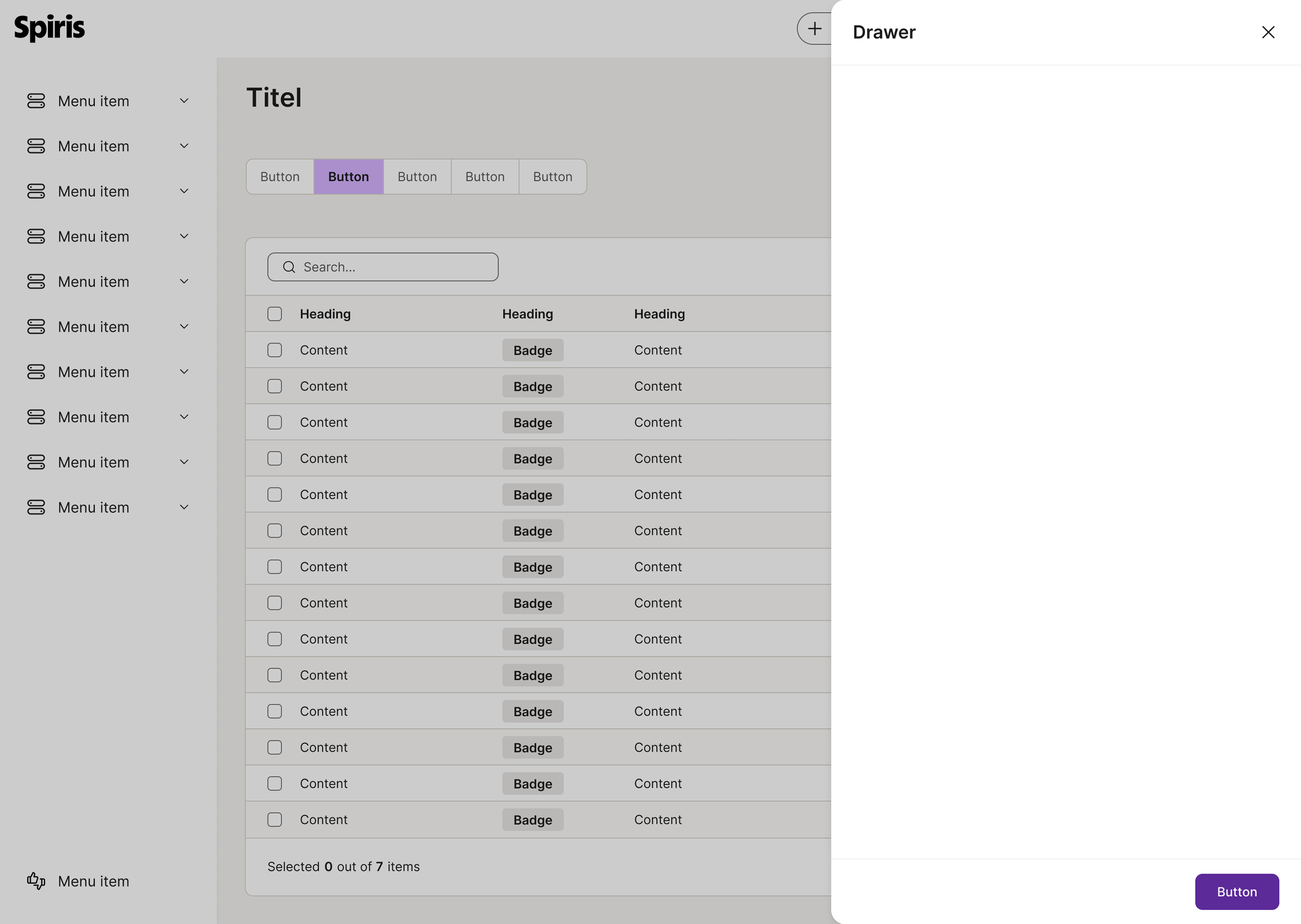 A drawer open over a Spiris application, showing supplementary content without leaving the main view
