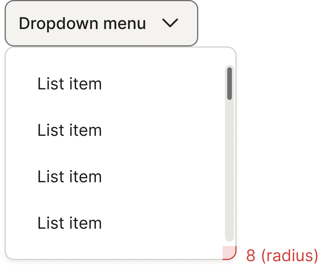 Dropdown menu specifications showing 8 px corner radius on the popup container