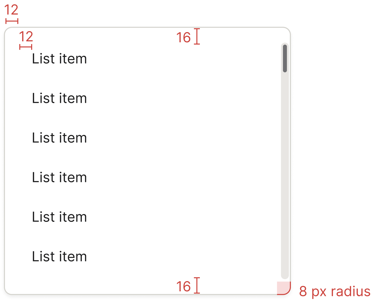 Dropdown list specifications showing 16&thinsp;px container padding, 12&thinsp;px item horizontal padding and 8&thinsp;px container radius