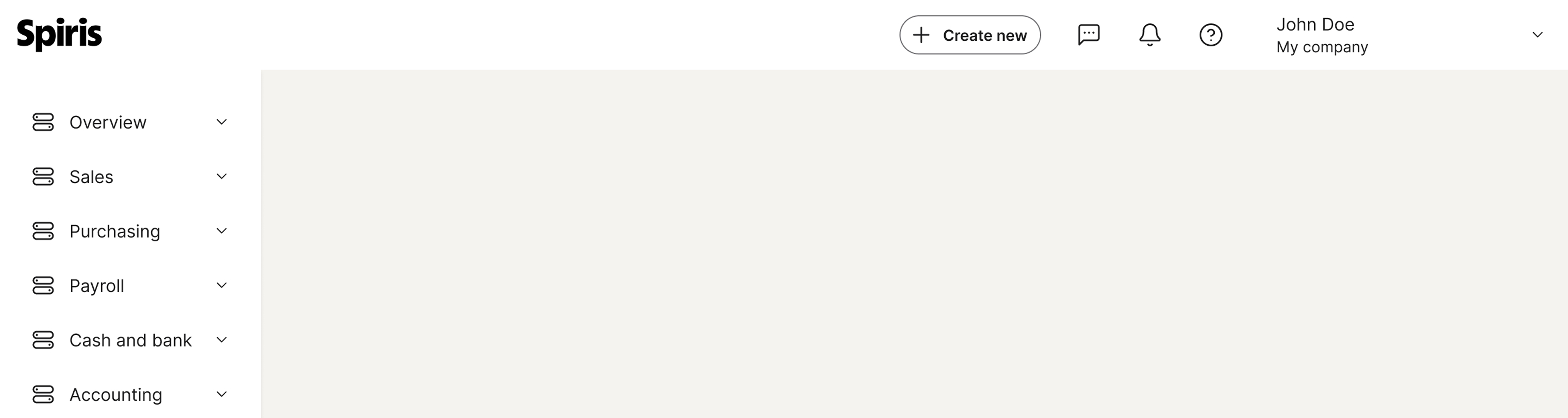 Header in context: Spiris logo at the left, a Create new primary button, three icon buttons (chat, notifications, help) and a user menu on the right