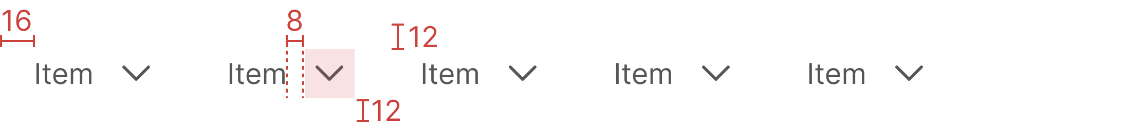 Navigation bar specs annotation showing 12 px vertical padding, 16 px horizontal padding and 8 px gap between the label and the dropdown caret