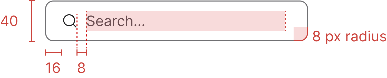 Search field specification measurements showing height 40 px, icon size 16 px, gap 8 px, padding 16 px, and corner radius 8 px