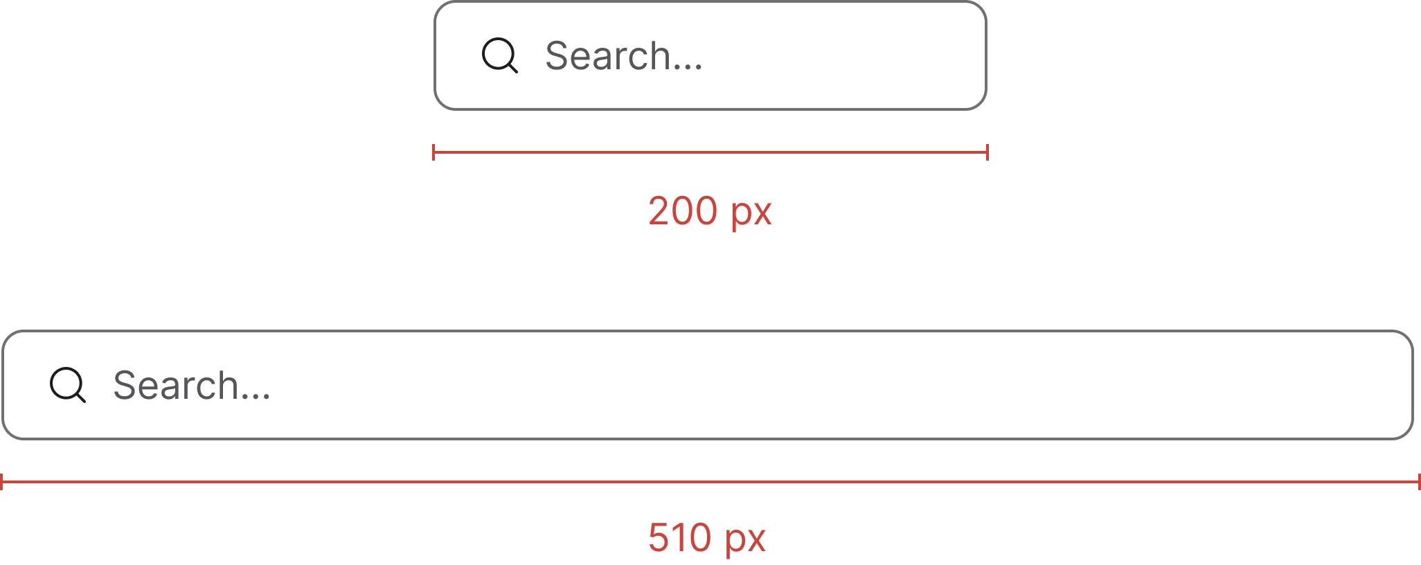 Two search fields showing the width range: a 200 px minimum and a 510 px maximum, each annotated with a red measurement line