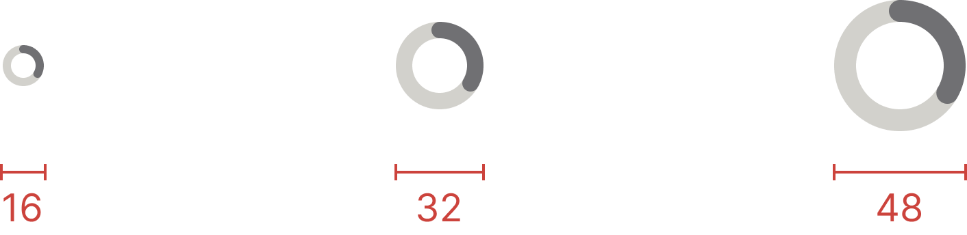 Spinner specifications showing the 16, 32 and 48 pixel sizes
