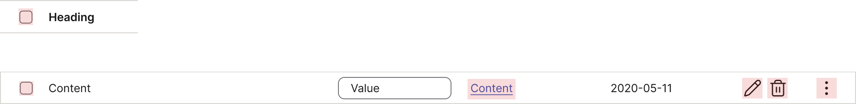 A table column header highlighting the interactive clickable areas: sortable headers, checkboxes, button icons, links and label actions