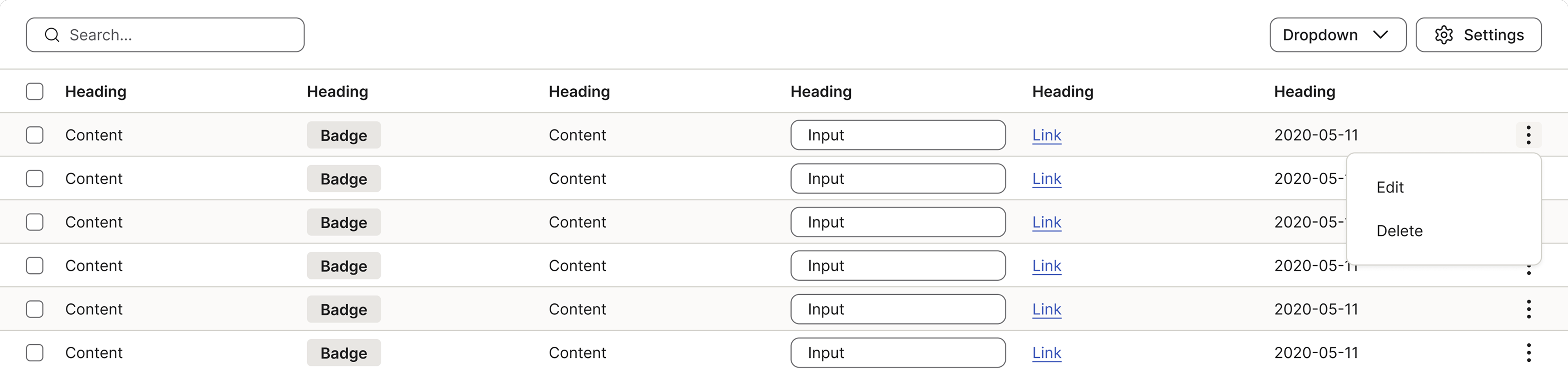 A table row with inline action icons (edit, delete, attach) and a kebab menu