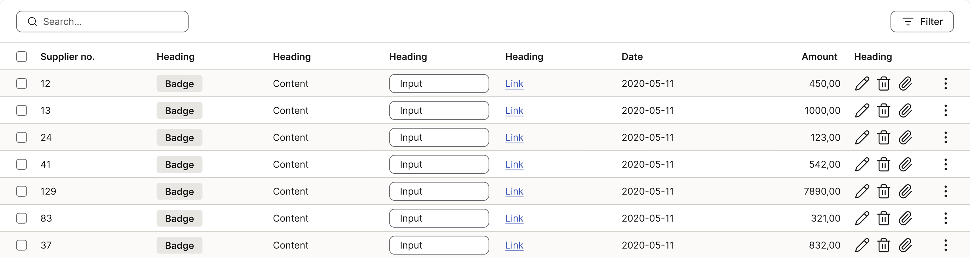 A table with a left-aligned supplier number column and a right-aligned amount column whose heading is also right-aligned