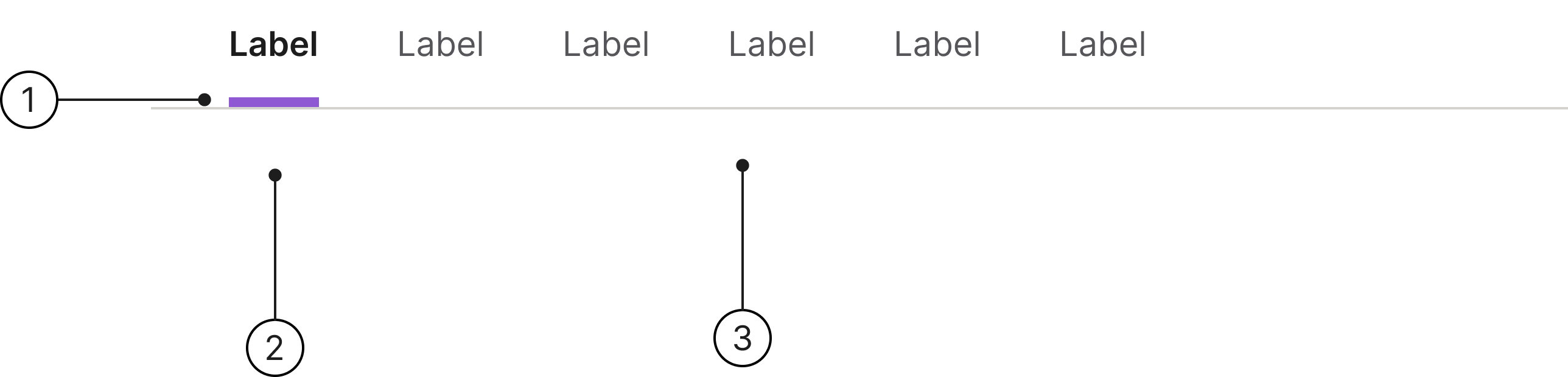 Tabs anatomy diagram showing label, indicator and divider