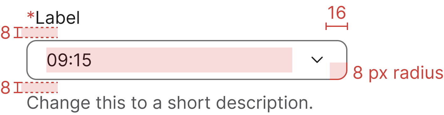 Time picker specifications with spacing, click-area and radius annotations