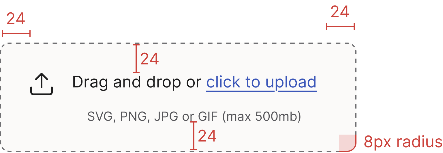 Upload specifications showing dimensions, spacing and border-radius